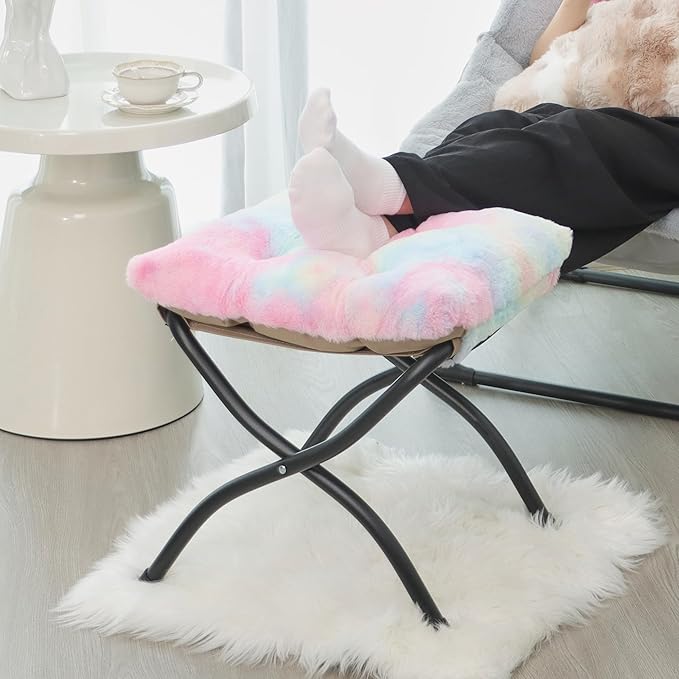 15"(H) Folding Ottoman, Foldable Footrest Stool, Portable Small Foot Stool for Couch, Collapsible Foot Rest Ottoman for Sofa, Accent Padded Ottomans for Living Room, Bedroom, Rainbow