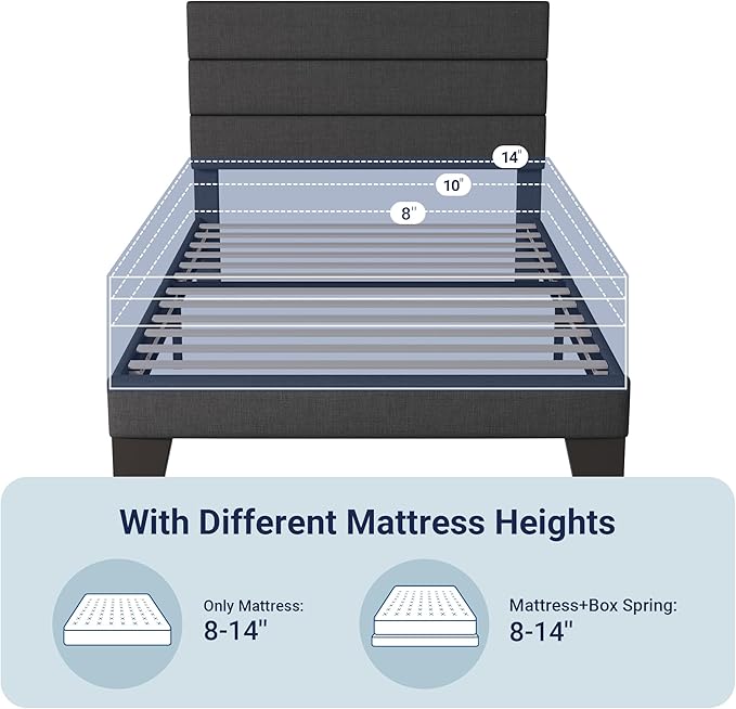 Allewie Twin Size Platform Bed Frame with Fabric Upholstered Headboard and Wooden Slats Support, Fully Upholstered Mattress Foundation/No Box Spring Needed/Easy Assembly, Dark Grey