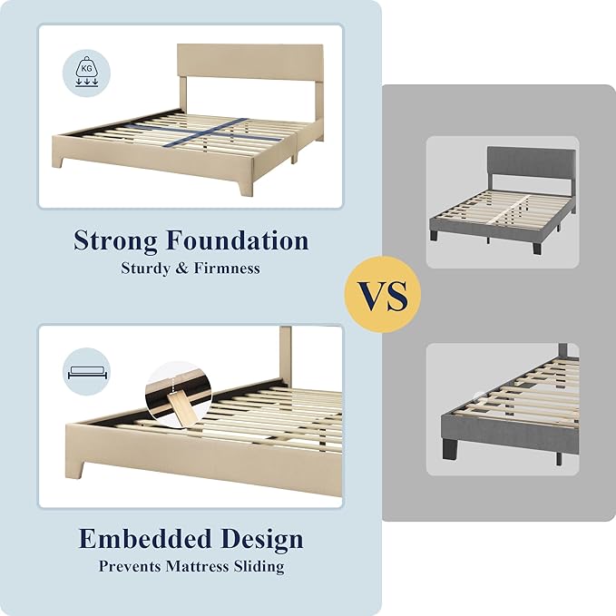Allewie Queen Size Bed Frame with Adjustable Headboard, Upholstered Platform Bed with Wood Slats, Heavy Duty Mattress Foundation, No Box Spring Needed, Noise-Free, Easy Assembly, Beige