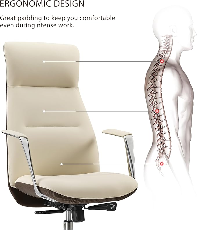 EUREKA ERGONOMIC Royal Slim Executive High Back Beige Leather Office Chair, Home Desk Chair for Adults, Big and Tall with Wheels, Swivel Rolling