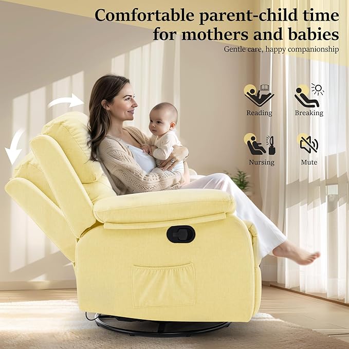 Recliner Chair, 360 Swivel Rocker Chair for Adults, Small Rocking Recliner for Small Spaces, Upholstered Fabric Glider Recliner Nursery Chair with Side Pockets for Living Room, Nursery