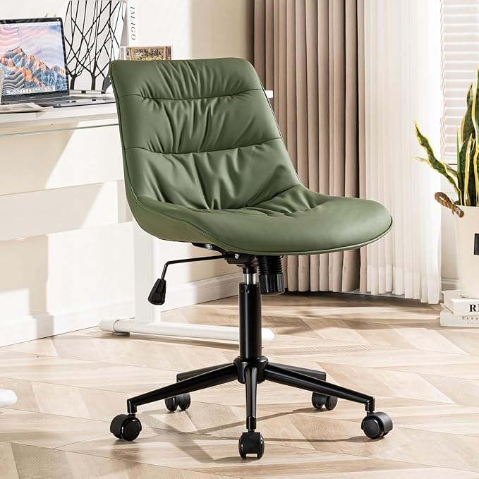 Kidol & Shellder Faux Leather Office Chair, Adjustable Swivel Height Task Chair, Rolling Wheels & Soft Backrest - Armless Ergonomic Desk Chair for Home, Office,Vanity,Gaming(Bean-Green)