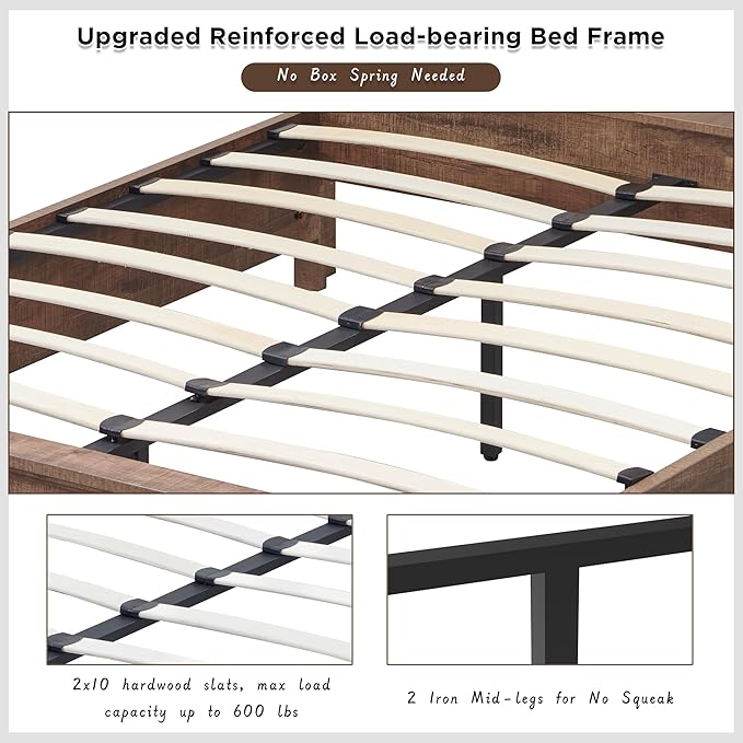 ACCOHOHO Farmhouse Queen Size Bed Frame with 52" Tall Headboard, Wood Platform Bedframe with Footboard and Storage Drawers, No Squeak, No Box Spring Needed, Light Brown