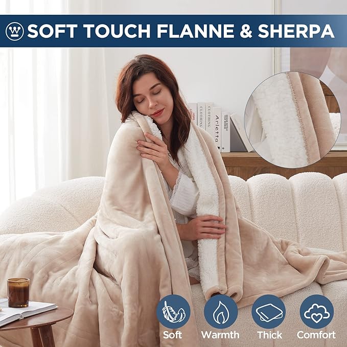 Westinghouse Electric Blanket King, Heated Blanket King Size with 10 Heating Levels and 1 to 12 Hours Heating Time Settings, Flannel to Sherpa Reversible, Machine Washable (90" x 100", Beige)