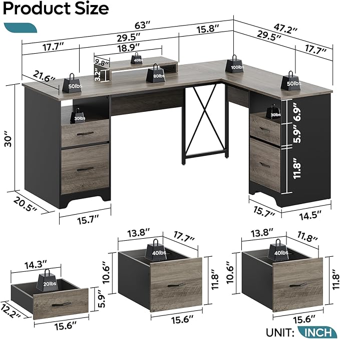 Bestier L Shaped Desk with 4 Drawers, 63" x 47" Executive Desk with Open Storage & Monitor Stand, Corner Desk with 2 File Drawers & Modesty Panel for Home Office, Gray