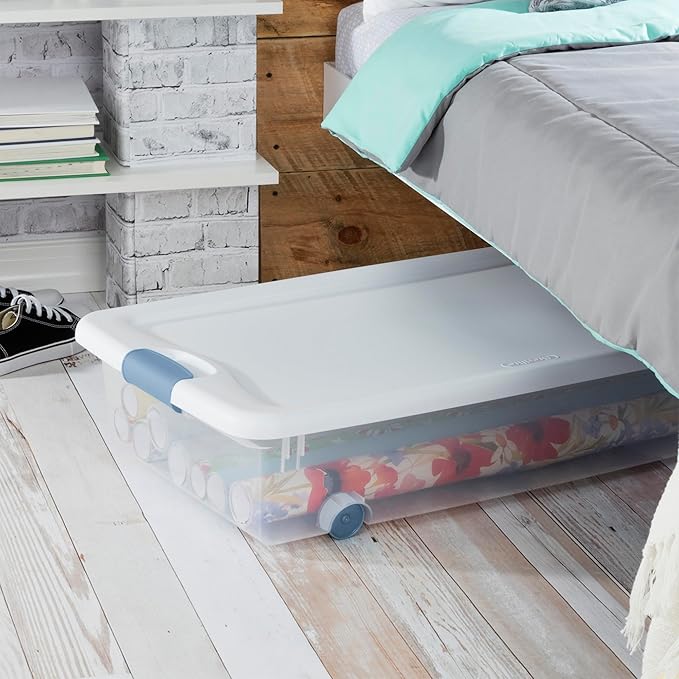 Sterilite 8-Pack Latching Box, Under Bed Storage Bins with Lids, Clear Plastic, 56 Quart - Heavy-Duty Organizing Containers for Closet, Bathroom, and Office