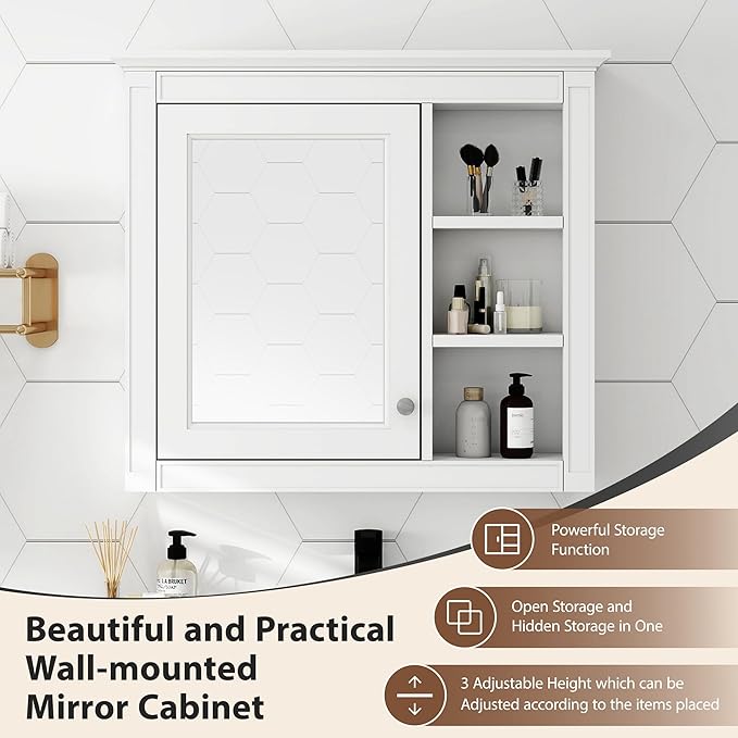 Bathroom Wall Cabinet with Mirror, 30'' x 28'' Medicine Cabinet with Mirror Door and Adjustable Shelves, Over Toilet Storage Cabinet, Wall-Mounted Bathroom Mirrors for Over Sink with Storage