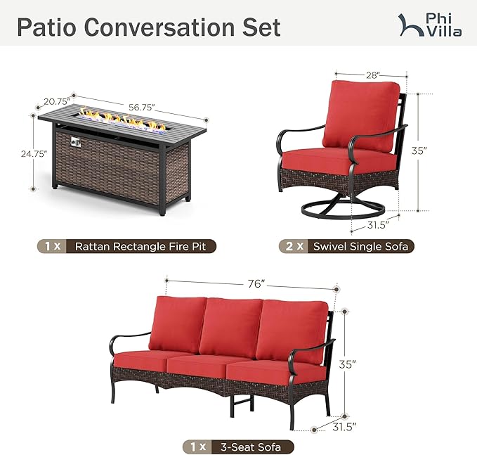 PHI VILLA Patio Furniture Set with 56" Fire Pit Table, Premium Outdoor Wicker Metal Frame Furniture with Upgraded Waterproof Thick Cushions for Porch, Poolside, Deck, and Yard (4 Pieces,Red