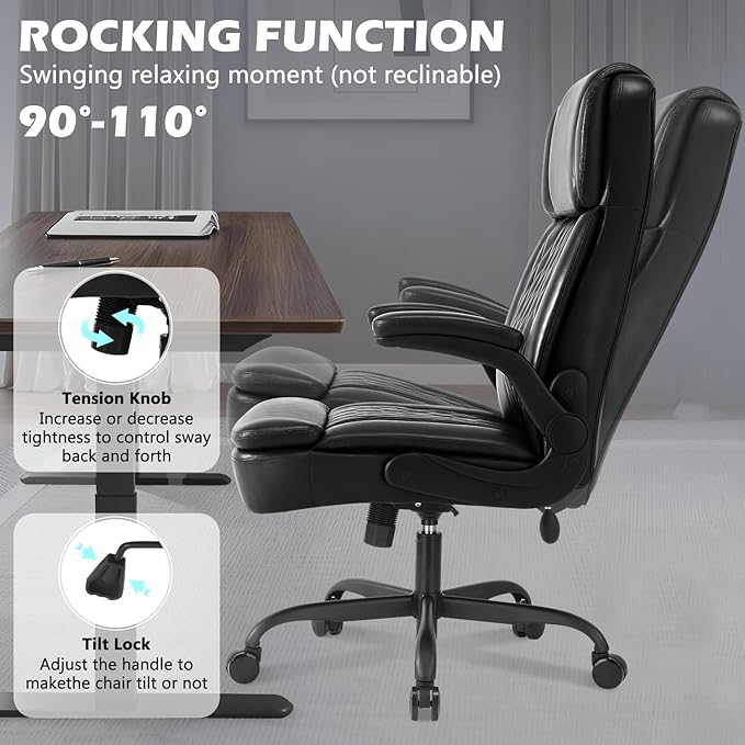 400lbs Executive Office Chair with Flip up Arm,Ergonomic Big and Tall Computer Desk Chairs with Pocket Spring Cushion,High Back PU Leather Computer Chair with Adjustable Lumbar Support,Metal Base