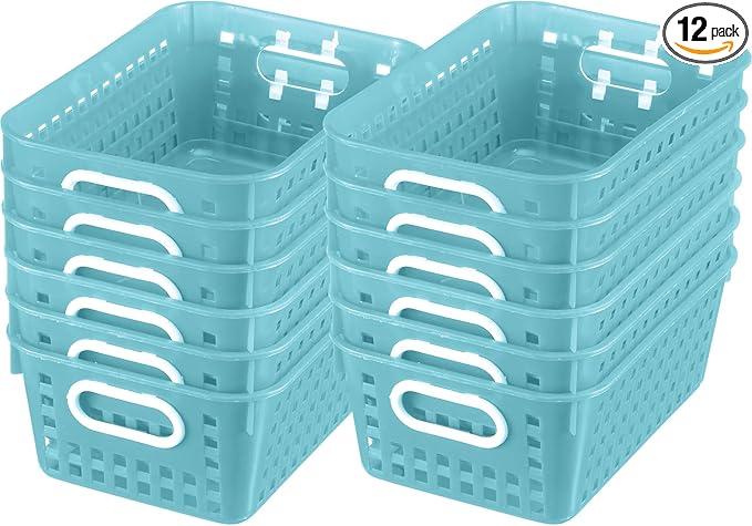 Really Good Stuff Medium Plastic Book Baskets, 11" by 7.5" by 4.5" - 12 Pack, Water, Versatile Storage Solution for Classroom, Home and Office, Toy Storage, Multi-Purpose Organizer Basket