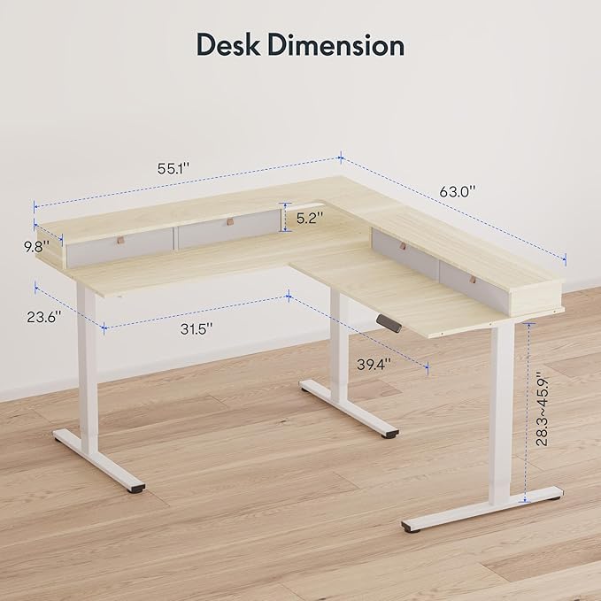 FLEXISPOT 63" L Shaped Standing Desk with Shelf Electric Corner Table, Drawers, Adjustable Computer Workstation for Home, Office,USB Charging Port, 63x55in, Light Maple Top + White Frame