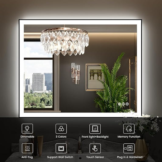 WTTY 40"X36" LED Bathroom Mirror with Black Frame, Bathroom Vanity Mirror with Lights for Wall, Front Light and Backlit, Anti-Fog, Dimmable, 3 Colors, Shatterproof, Memory, Horizontal/Vertical