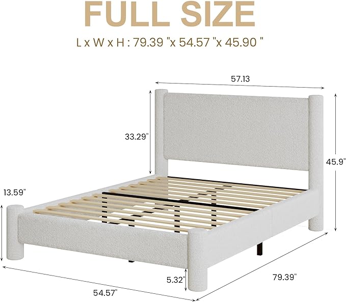 Full Size Bed Frame, Boucle Upholstered Platform Bed with Headboard and Footboard, Soft Rounded Corners, No Box Spring Required, Easy Assembly, White