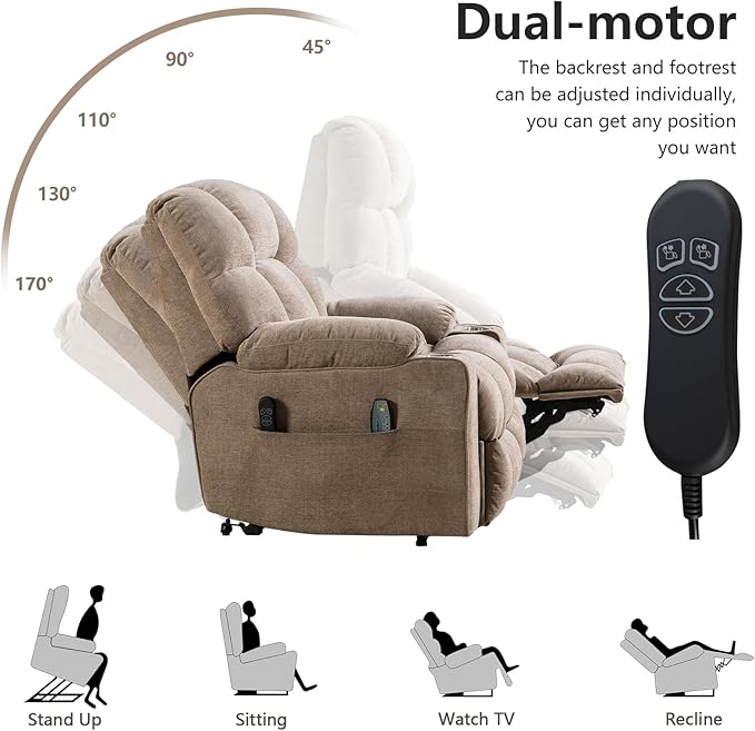 CANMOV Oversized Power Lift Recliner Chair for Elderly, Dual Motor Electric Heavy Duty Lift Recliner with Massage, Heating, with USB Port,Cup Holders and Pockets, Brown