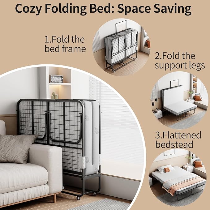 Folding Bed with Mattress 75"x54" Extra Wide Double Folding Bed, Upgraded Sturdy Construction Portable with Mattress for Adult Guests, Folds Down to Save Space (75" x 54")