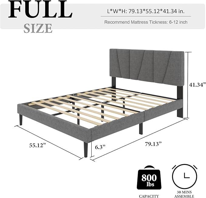 Full Size Bed Frame with Fabric Upholstered Headboard, Platform Bed with Wooden Slats Support, Fully Mattress Foundation, Box Spring Optional, Easy Assembly