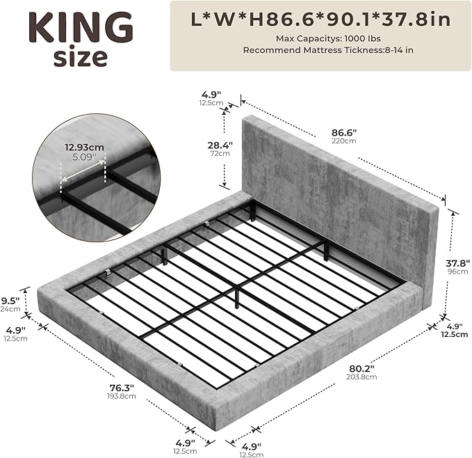 RECCI Cloud Upholstered King Bed Frame with Headboard, 5 Inch Foam Padded Platform, No Box Spring, Easy Assembly (Moon)