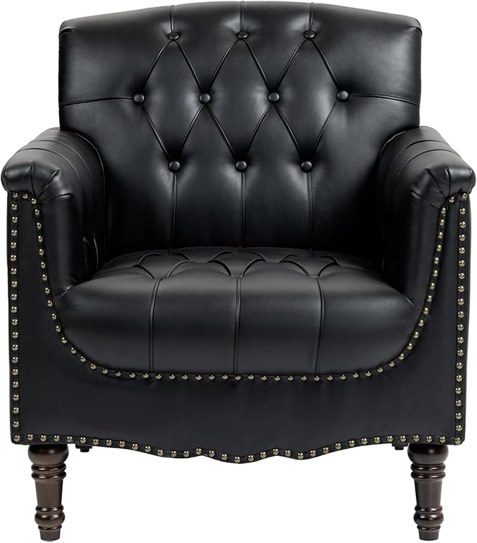 UIXE Black Accent Chair for Living Room, Faux Leather Tufted Arm Chair Retro Upholstered Club Armchair for Bedroom