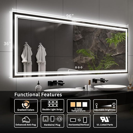 Bathroom Mirror with Lights, 96x36 Inch Gradient Front and Backlit Big Lighted Bathroom Mirror, 3 Colors Dimmable CRI>90 Double Lights, IP54 Enhanced Anti-Fog, Wall Mount LED Mirror
