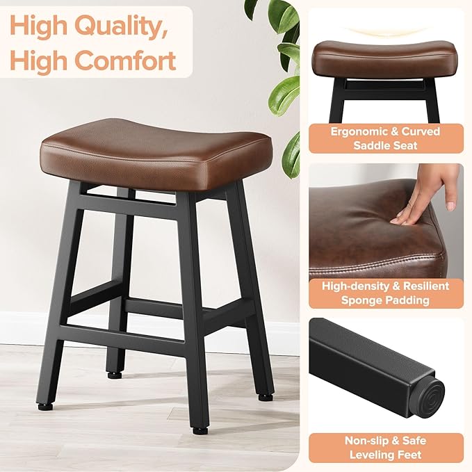 Counter Height Bar Stools Set of 2, 24 Inch Barstools for Kitchen Counter, Kitchen Stools with Bonded Leather Saddle Seats & Heavy Duty Metal Legs, Easy Assembly, Brown/Black