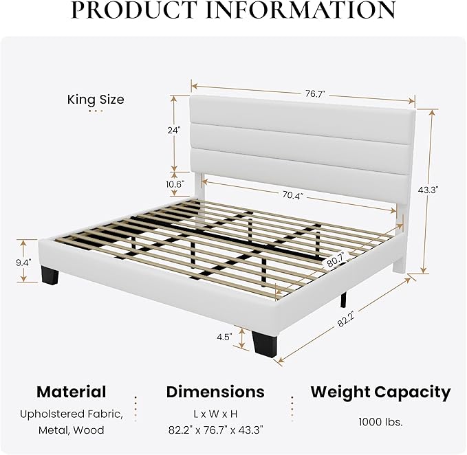 SHA CERLIN King Platform Bed Frame with Velvet Upholstered Headboard, Mattress Foundation with Strong Wooden Slats Support, No Box Spring Needed, White