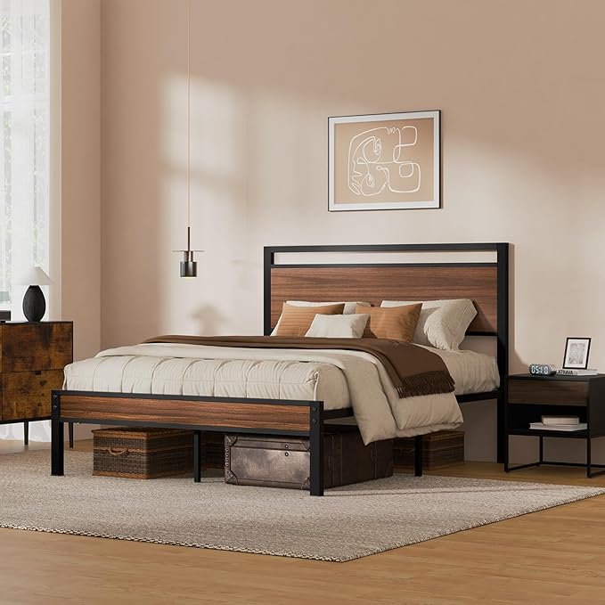 Z-hom Queen Bed Frame with Modern Wood Headboard & Footboard, Upgraded Heavy Duty Metal Sturdy Bed Frame Queen Size, Stable Platform Bed Furniture Bed Storage, No Noise, No Box Springs,Walnut