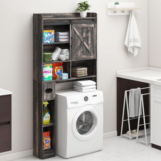 Over The Toilet Storage Cabinet, Farmhouse Storage Cabinet Over Toilet with Sliding Doors & Toilet Paper Holder Stand,Home Space-Saving Toilet Rack, for Bathroom, Laundry(Dark Grey)