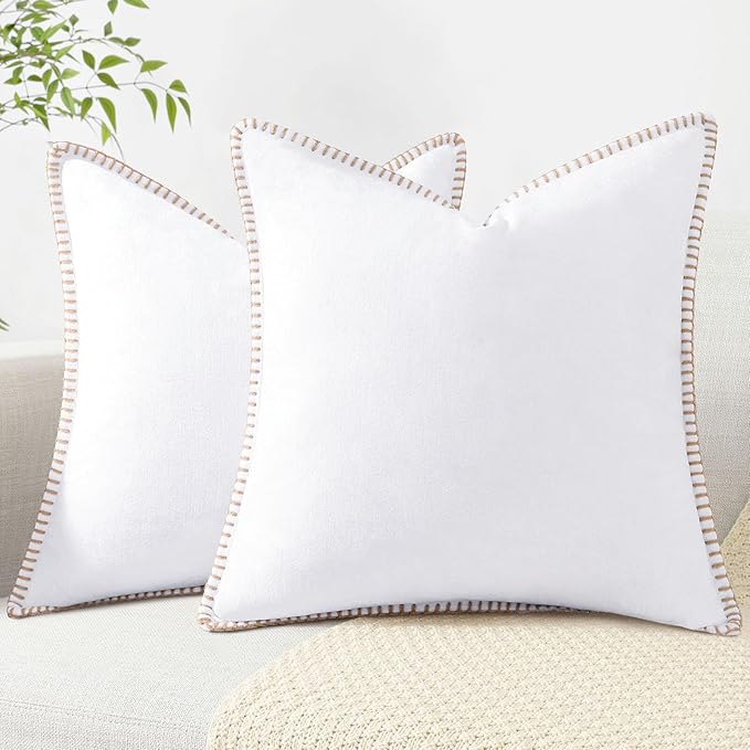 decorUhome Chenille Soft Throw Pillow Covers 16x16 Set of 2, Farmhouse Velvet Neutral Decorative Euro Pillow Covers with Stitched Edge for Couch Sofa Bed Home Decor, White