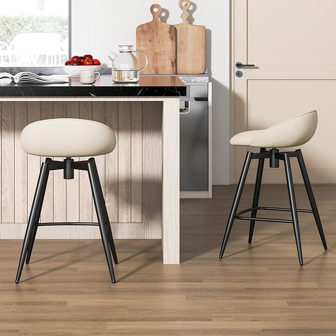 COSTWAY Bar Stools Set of 4, 25" Upholstered Counter Height 360° Swivel Bar Stools w/Backrest & Footrest, Heavy-Duty Metal Frame Armless Breakfast Chairs for Kitchen, Living Room (Set of 4,Beige)