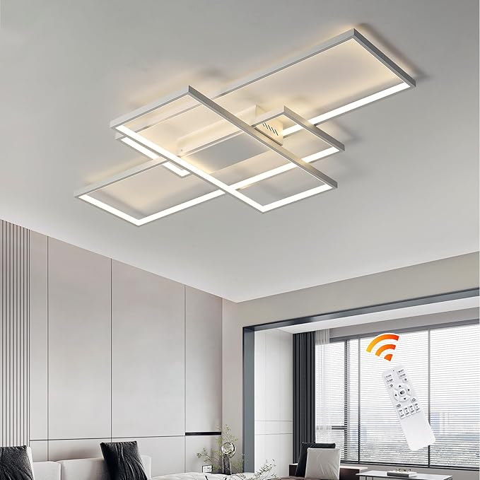 GEADI Modern Dimmable Ceiling Light, 35.4" White Led Ceiling Light Fixtures with Remote Control, 50W Rectangle Flush Mount Lighting Fixture for Kitchen Bedroom Dining Room(3000K-6500K)