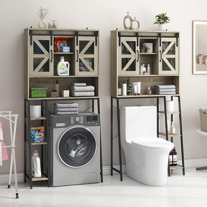 Over The Toilet Storage Cabinet, Farmhouse Storage Cabinet Over Toilet with Sliding Barn Door,Home Space-Saving Toilet Rack, for Bathroom, Restroom, Laundry(Grey).