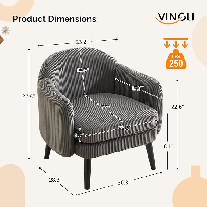 VINGLI 30.3" Wide Modern Barrel Accent Armchairs Set of 2 with Track Armrest, Solid Wooden Legs, Comfy Upholstered Club Chairs, Single Home Sofa for Living Room, Bedroom, Reading Room, Corduroy Grey