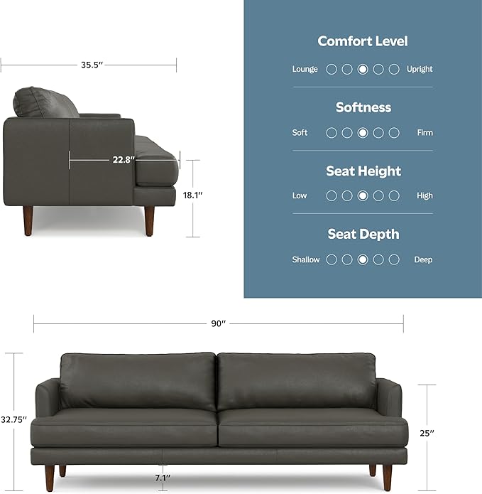 SIMPLIHOME Livingston 90-inch Wide Sofa in Coal Top Grain Genuine Leather, Handcrafted Mid-Century Modern Couch for Living Room, Large 3-Seater with Feather-Wrapped Cushions and Solid Wood Frame