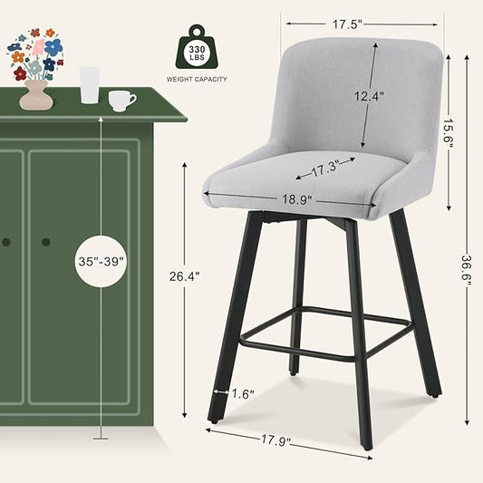 Swivel Bar Stools Set of 4, 26''H Upholstered Barstools with Backs, Modern Counter Height Bar Stool Chairs for Kitchen Island, Metal Legs, Fabric, Light Gray Counter Stools