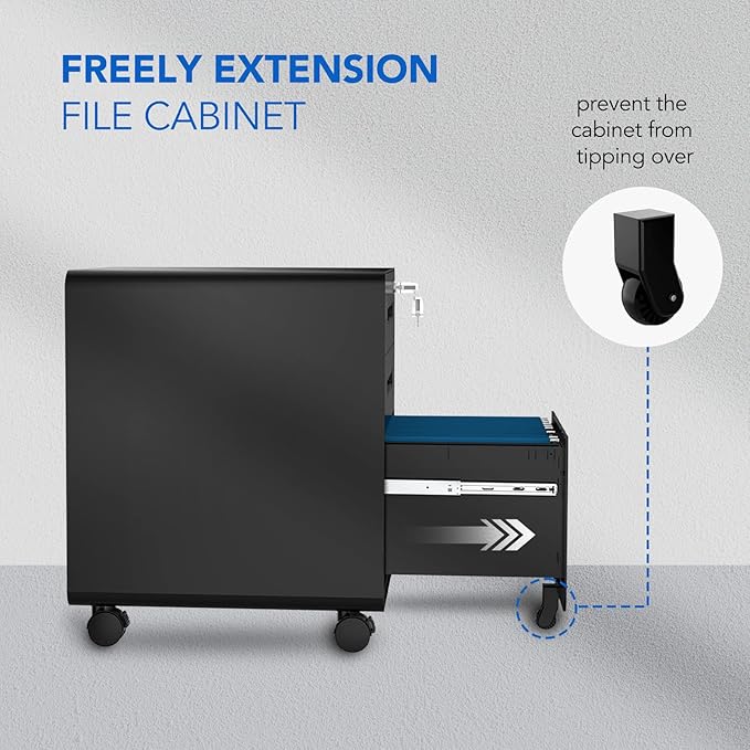 FLEXISPOT Metal File Cabinet for Home Office Mobile File Cabinet with Lock 3 Drawer Filing Cabinets for Legal/Letter/A4 File, Round Corner Design,Black