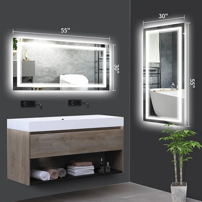 55x30 Inch LED Bathroom Mirror, Backlit and Front Light Anti-Fog Dimmable Memory Lighted Vanity Mirror, Large Shatterproof Wall-Mounted Led Mirror for Bathroom