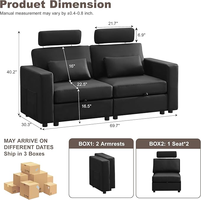 69.7" Loveseat Storage Sofa, Faux Leather Love Seat Couch with Headrest & Pocket, Modular Sectional Cloud 2 Seater Sofas for Living Room Apartment Small Spaces, Oversized Deep Seat Couches, Black