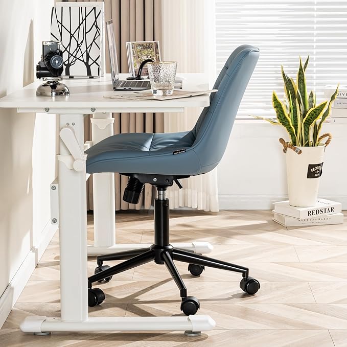 Kidol & Shellder Faux Leather Office Chair, Adjustable Swivel Height Task Chair, Rolling Wheels & Soft Backrest - Armless Ergonomic Desk Chair for Home, Office,Vanity,Gaming(Blue)