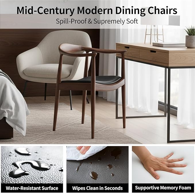 Tomile Upholstered Dining Chair Kennedy Armchair, Mid Century Modern Kitchen & Dining Chairs with PU Leather Cushion Seat, Hans Wegner Elbow Chair for Living Room Bedroom Office (Walnut Color)