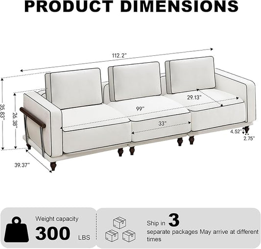 112" Cloud Modular Sectional Sofa,Oversized Deep 3 Seater Couch with Armrests Wooden Legs,Comfy Thicked Cushion Upholstered Sofa for Living Room Bedroom,White