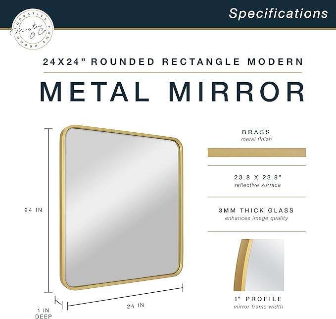 MCS Master & Co. Modern Metal Large Wall Mirror, Minimalist Home Decor Square Mirror with Rounded Corners for Living Room, Bedroom, or Bathroom, Brass, 24 x 24 in