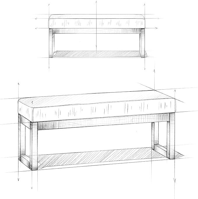 SIMPLIHOME Milltown Large Ottoman Bench - 44 inch Wide Upholstered Solid Wood Rectangular Ottoman Bench in Parisian Grey, Contemporary Entryway or Bedroom Bench with Cushioned Seat and Narrow Profile
