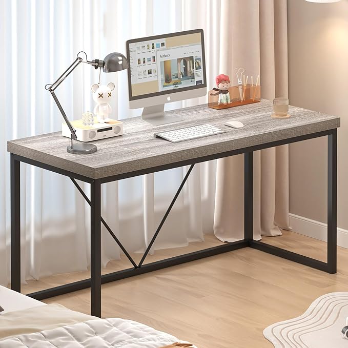 FOLUBAN Modern Home Office Desk, Industrial Vintage Computer Desk, Rustic Wood and Metal Study Writing Table, Simple Work Gaming PC Desks for Bedroom Living Room, Light Grey 53 Inch