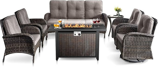 HUMMUH 7 Piece Patio Furniture Set with Fire Pit Table,Wicker Patio Swivel Rocker Outdoor Chairs 3-Seat Sofa for Porch,Poolside,Deck