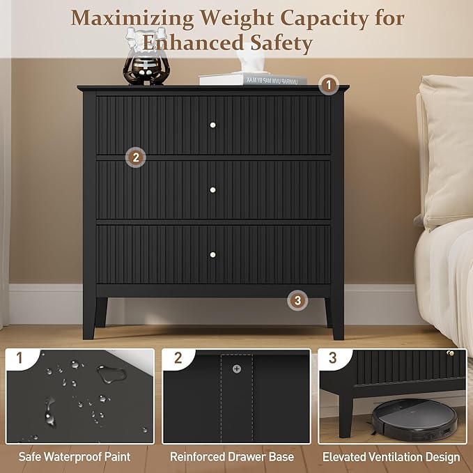 RoyalCraft Large 3 Drawer Dresser Set of 2, Fluted Chest of Drawers with Storage, Modern Painted 30 inch Tall Nightstand for Bedroom Living Room Entryway, Black