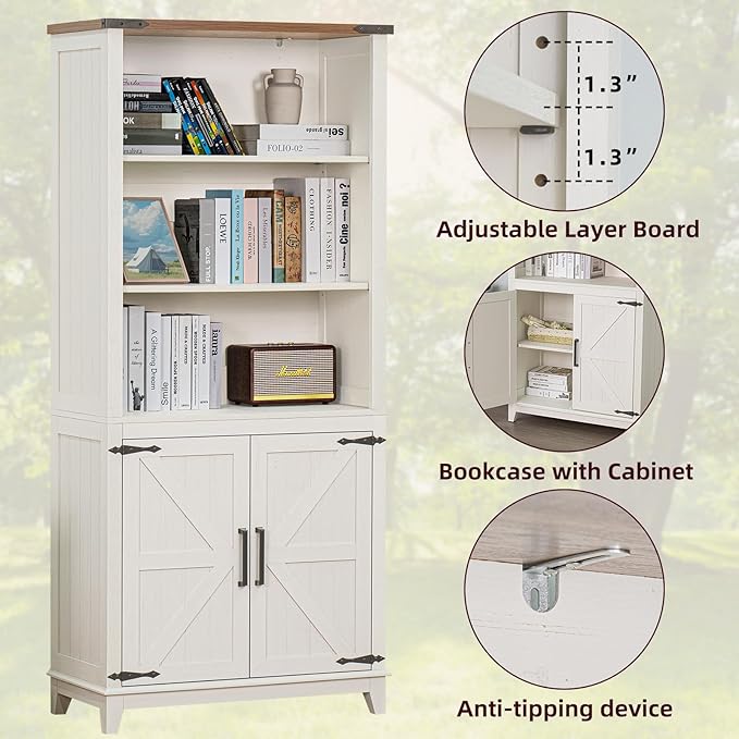 5 Tier Bookshelf 70in Tall Bookcase with Barn Doors and Storage Cabinet, White Farmhouse Book Shelf with Adjustable Shelves, Wood Freestanding Display Bookshelves for Bedroom, Kitchen (2PCS)