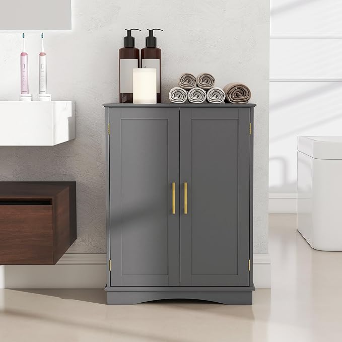 Tangkula Bathroom Floor Storage Cabinet, 31.5" H Freestanding Pantry Cabinet with 2 Doors and Adjustable Shelves, Kitchen Cupboard for Living Room, Dining Room, Bathroom (Gray, 31.5" H)