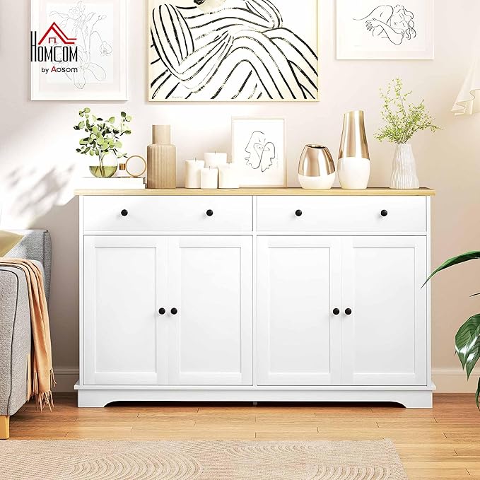 HOMCOM Sideboard Buffet Cabinet with Storage, 55" Modern Kitchen Cabinet with 4 Doors, 2 Drawers and 2 Adjustable Shelves, Coffee Bar, White