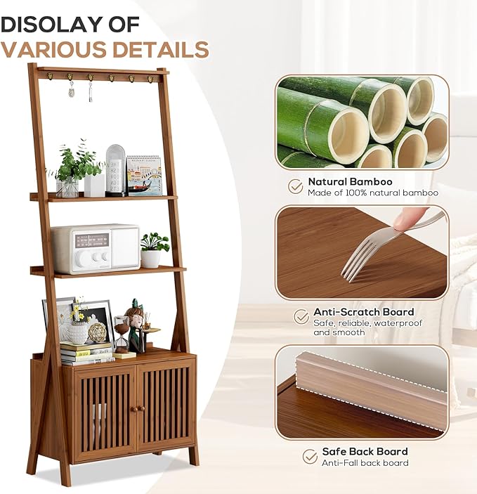 Bookcase with Drawers, 4-Tier Bamboo Bookshelf Ladder Shelf with 6 Hooks, Tall Narrow Retro Book Shelf, 24.8"L x 10.6"W x 59.5"H, Standing Storage Organizer for Living Room, Office, Bedroom, Walnut