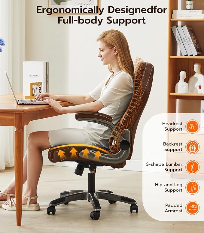 Office Desk Chair, Ergonomic Computer Chair with Padded Flip-Up Arms and Adjustable Lumbar Support, PU Leather Executive Chair with Tilt Lock and 360° Swivel Rolling Wheels for Work, Study